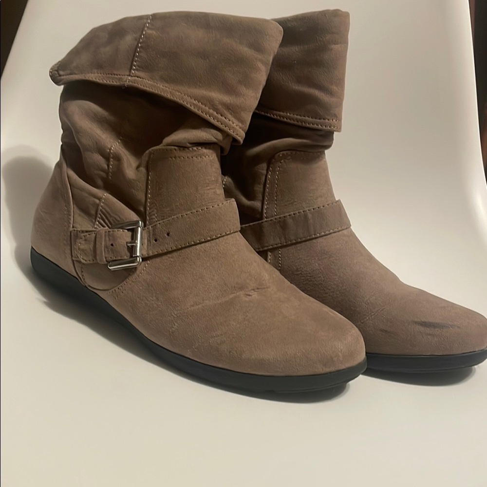 Tan Suede Ankle Booties with Buckle Detail